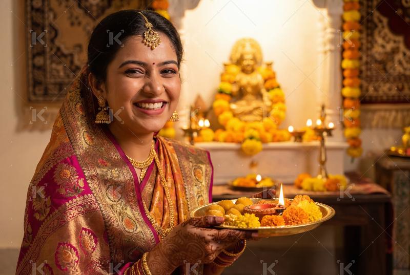 Young indian woman wearing sari celebrating akshay tritiya at ho