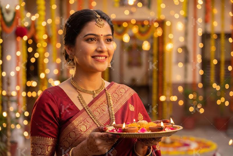 Young indian woman wearing sari celebrating akshay tritiya at ho