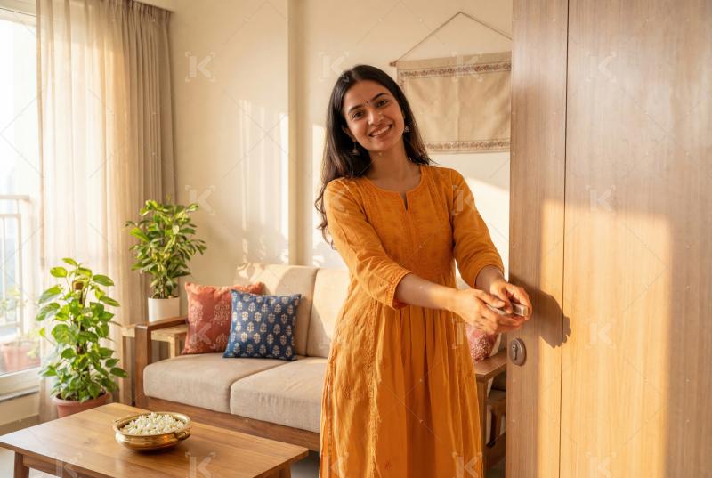 Young indian woman smiling and opening door