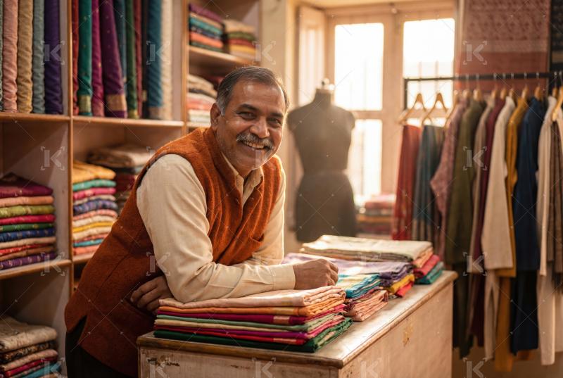 A friendly shopkeeper smiles warmly in a traditional clothing st