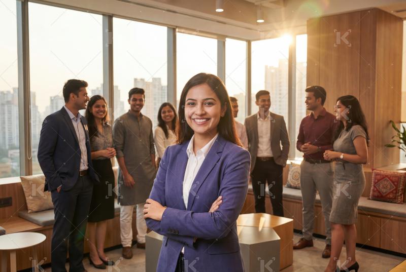 A confident female leader stands in front of her team in a moder