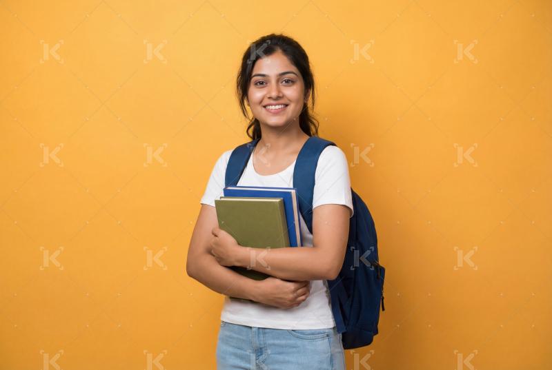 A cheerful young student holding books and wearing a backpack, s