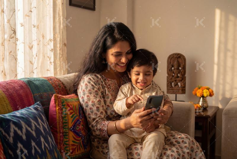 A loving mother and child share a joyful moment while using a sm