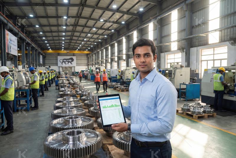 An engineer in a modern factory monitors production data on a ta