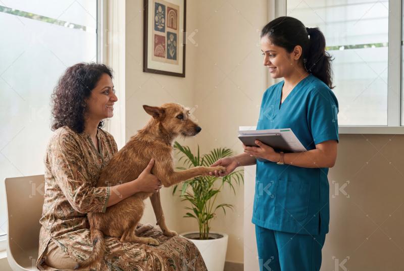 A veterinarian warmly interacts with a dog and its owner during