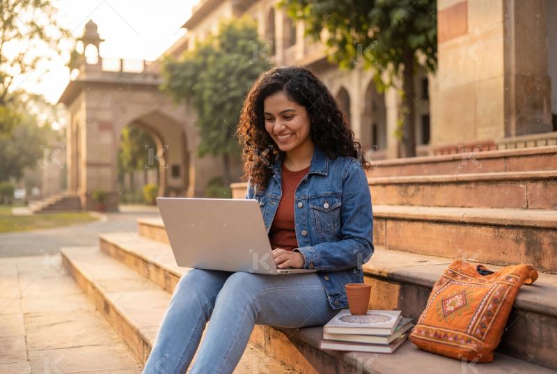 A young student sits outdoors on campus steps, happily using her