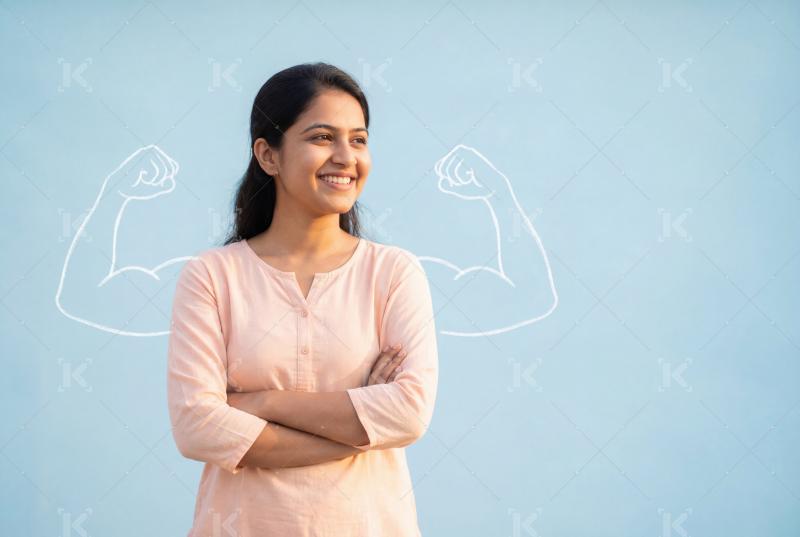 A confident young woman smiles with arms crossed as illustrated