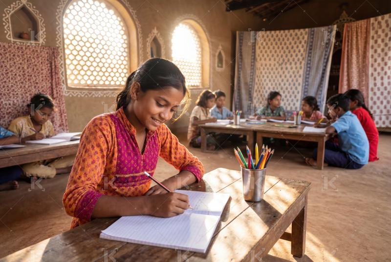 Happy indian school students group studying together