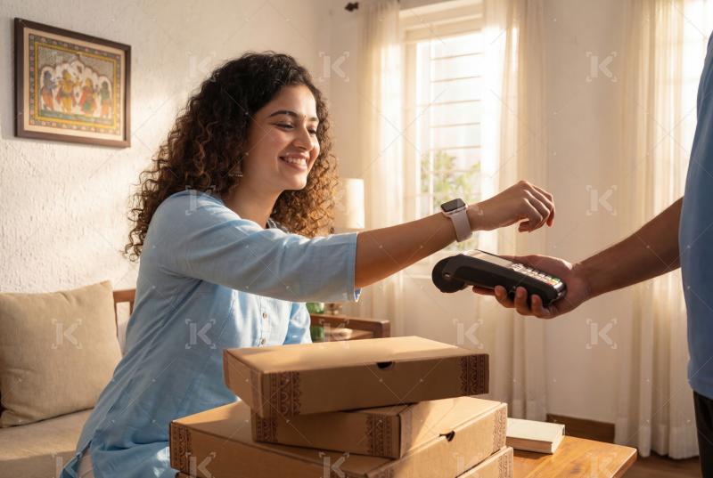 A woman makes a contactless digital payment to a delivery person