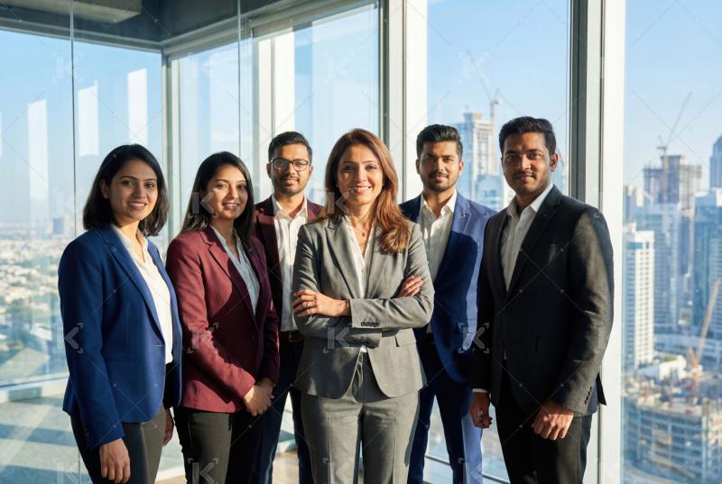 A confident group of business professionals stands together in a