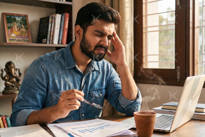 A stressed professional sits at his desk with a headache while r