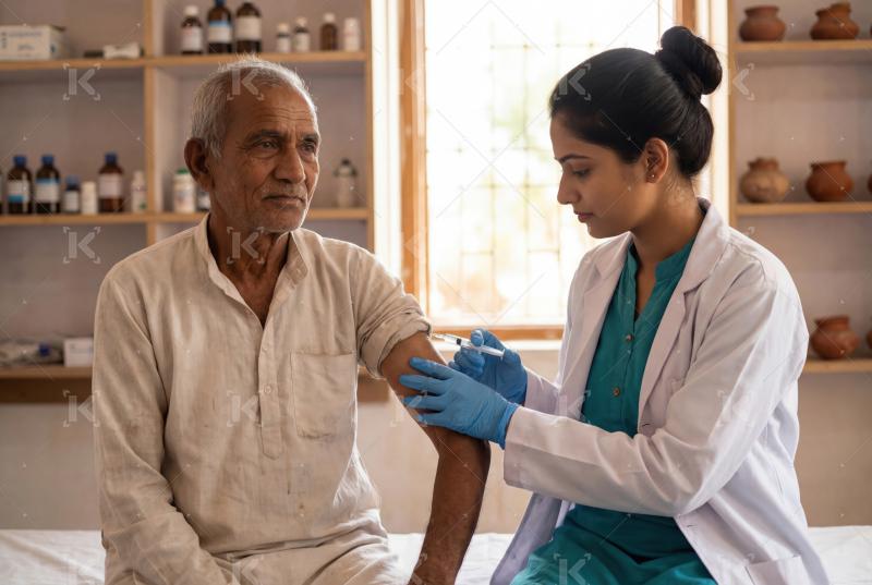 A healthcare professional administers a vaccination to an elderl