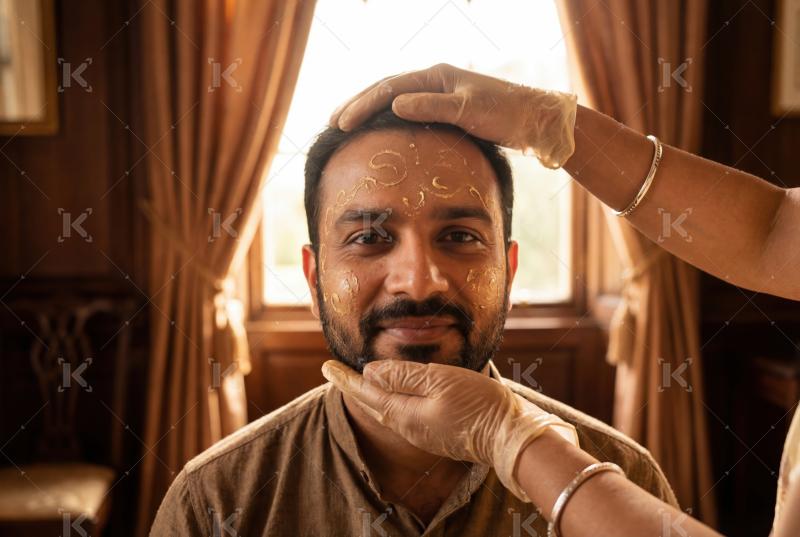 A man receives a traditional herbal facial treatment, highlighti
