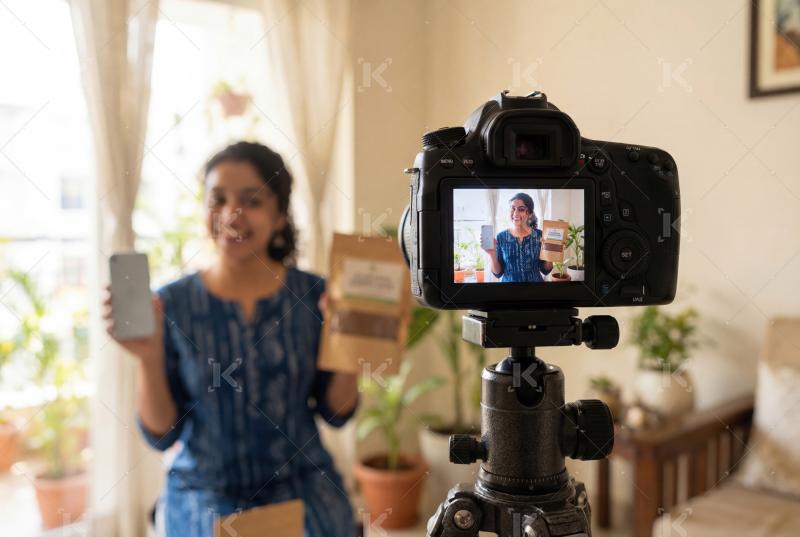 A content creator records a product-focused video at home, showc