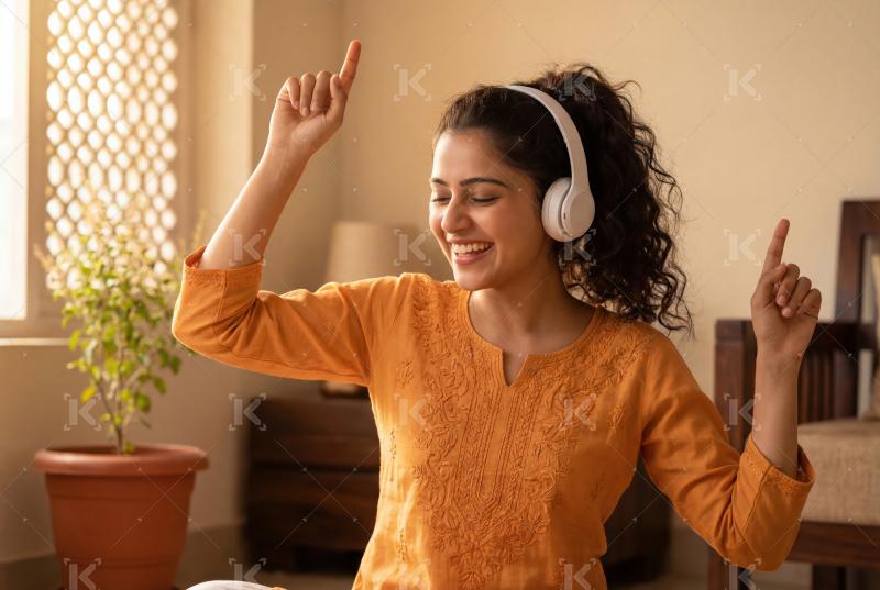 A cheerful woman enjoys music through headphones, dancing freely