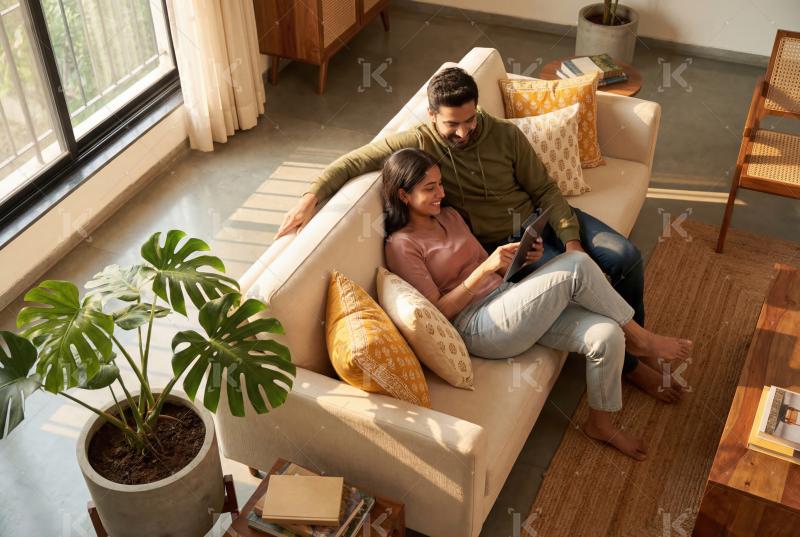 A relaxed couple enjoys quality time together at home, browsing