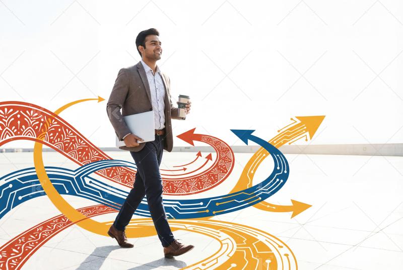 A confident professional walks forward symbolizing career growth