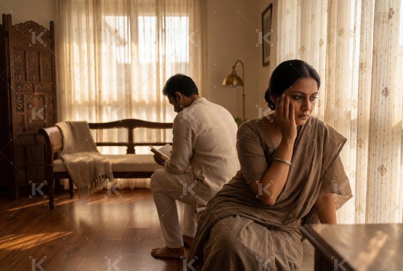 A tense moment between a couple sitting apart in silence, reflec