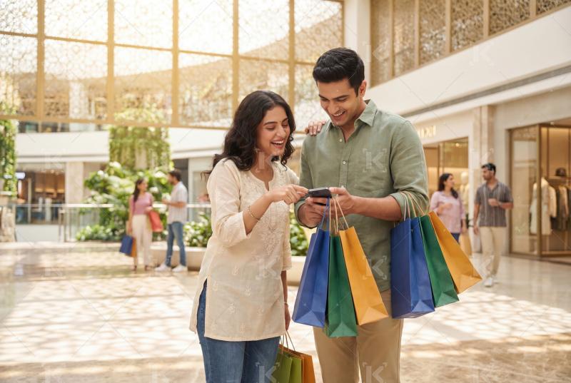A happy couple enjoying a shopping experience at a mall while ch