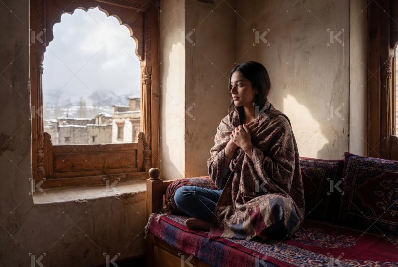 A young woman sits quietly by a traditional window, wrapped in a