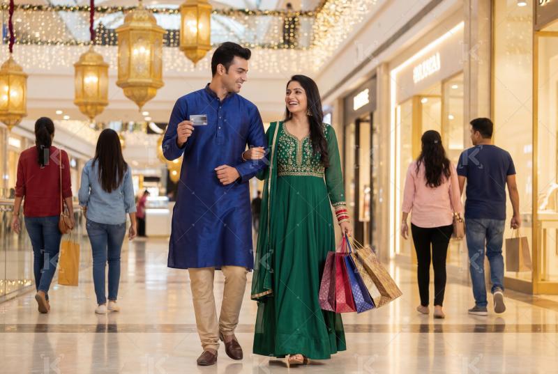 A happy couple enjoys a festive shopping experience in a modern