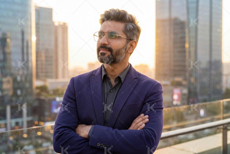 A confident businessman stands with arms crossed, gazing ahead a