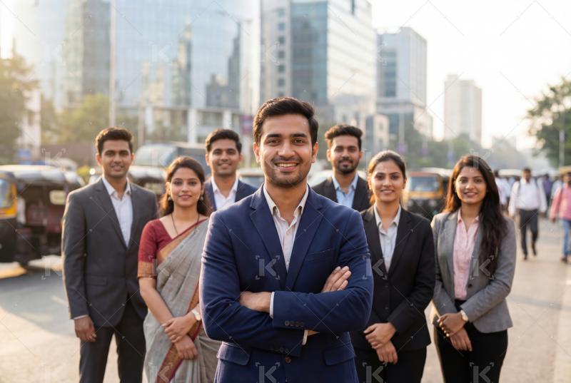 A confident team of professionals stands together in an urban se