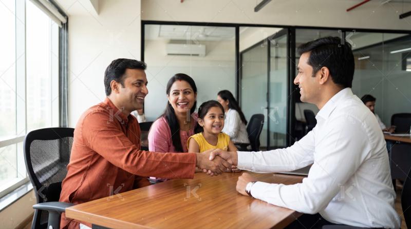 Happy indian family discussing together with property owner at office