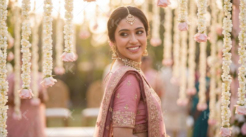 Young indian woman wearing traditional sari and jwelery