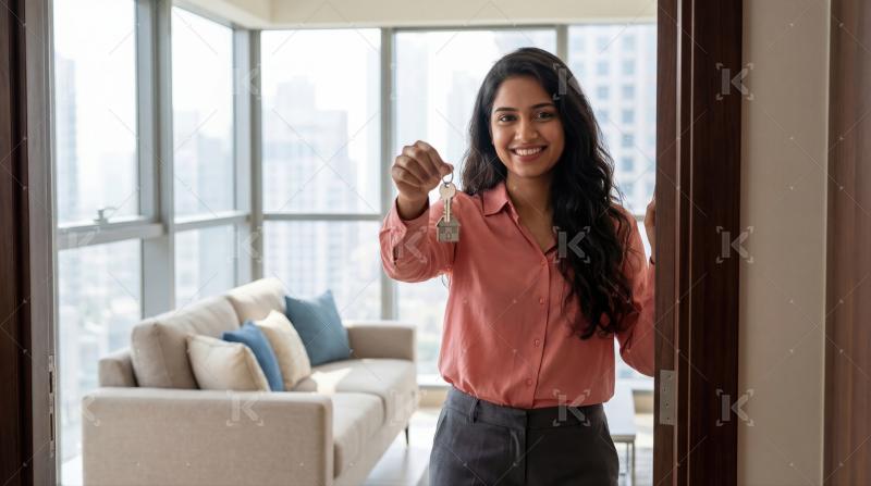 Young indian woman holding new house key standing at home