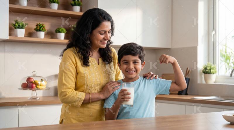 Happy indian mother and song holding milk glass at home