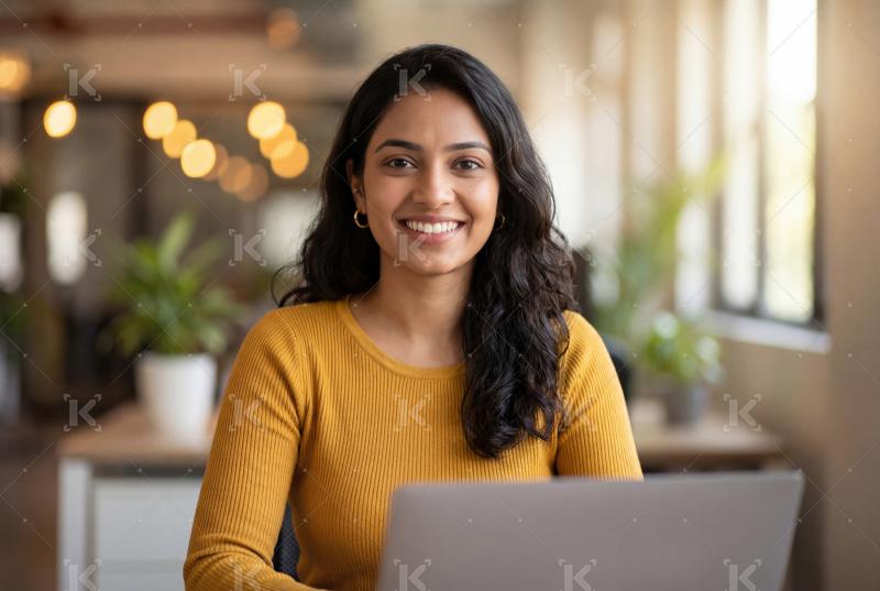 Happy young indian business woman working on laptop