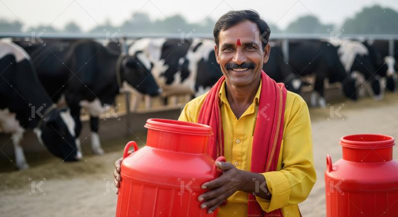 A smiling Indian milkman in a yellow shirt and red scarf present