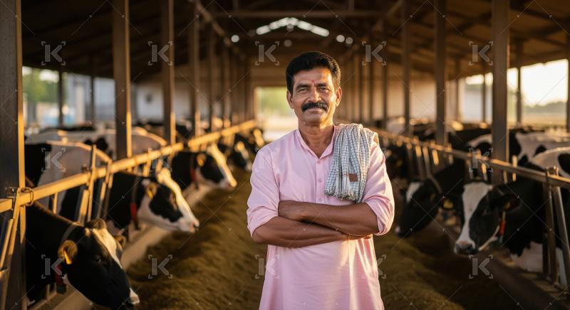 A confident Indian farmer in traditional attire stands in a rura