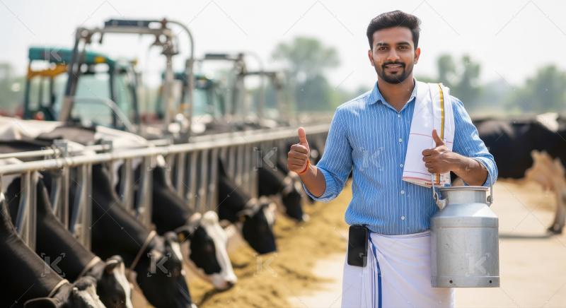 A confident Indian farmer in traditional attire stands in a rura