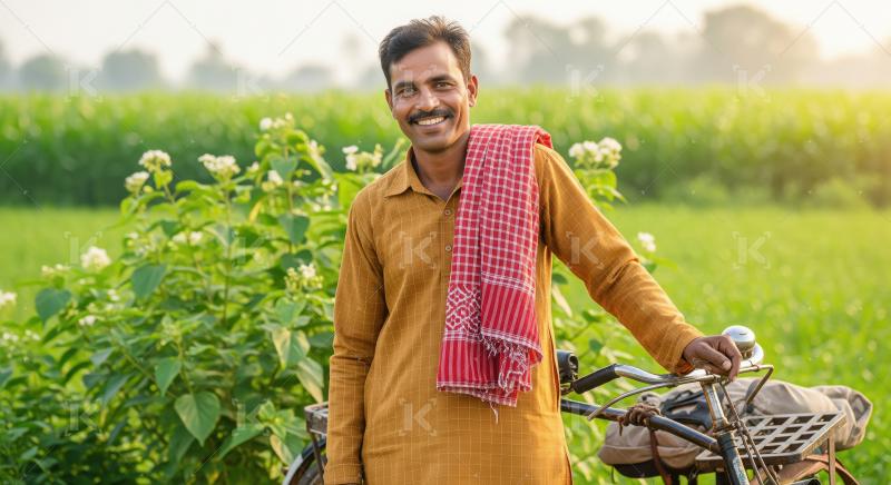 A happy Indian farmer in traditional attire stands beside his bi
