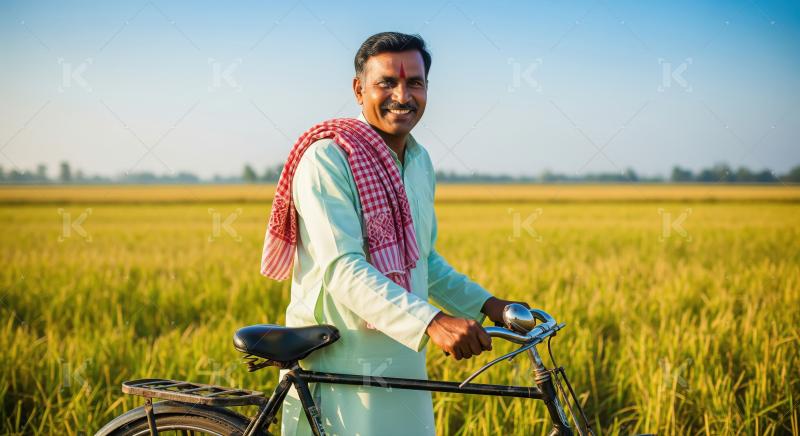 A happy Indian farmer in traditional attire stands beside his bi