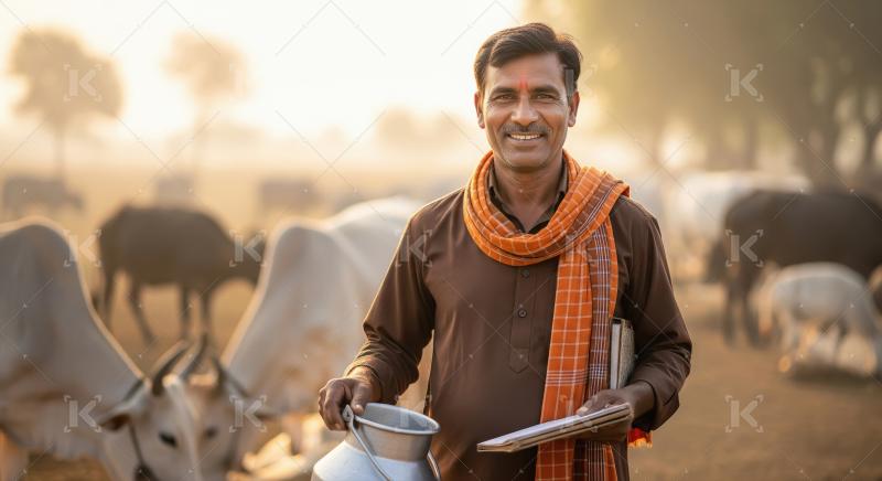 Smiling Indian dairy farmer stands in a misty morning field with