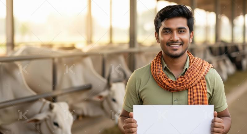 A young Indian farmer stands confidently in a cowshed, holding a