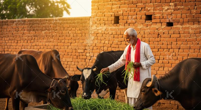 Elderly Indian farmer feeds green grass to dairy cows beside a s