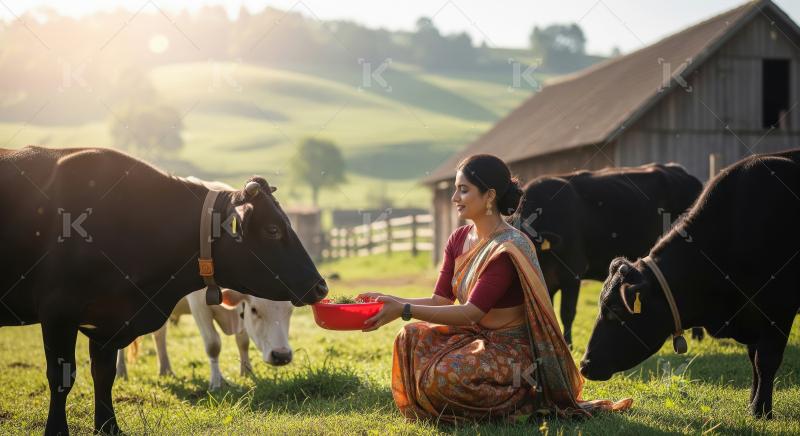Indian woman feed green grass to a black cow from a basket