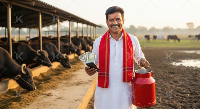 A smiling Indian dairy farmer proudly holds cash, a cell phone,