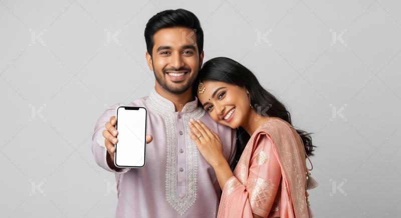 Happy indian couple Showing smartphone screen