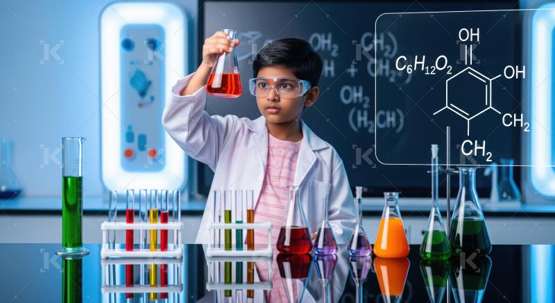 Indian boy wearing a lab coat conducts a colorful chemistry expe