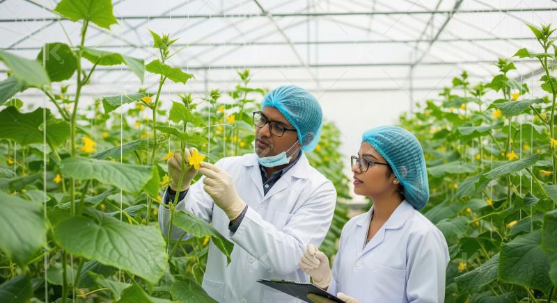 Two agricultural scientists inspect cucumber flowers and record