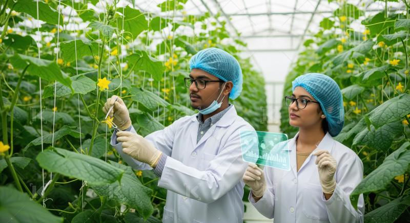 Two agricultural scientists inspect cucumber flowers and record