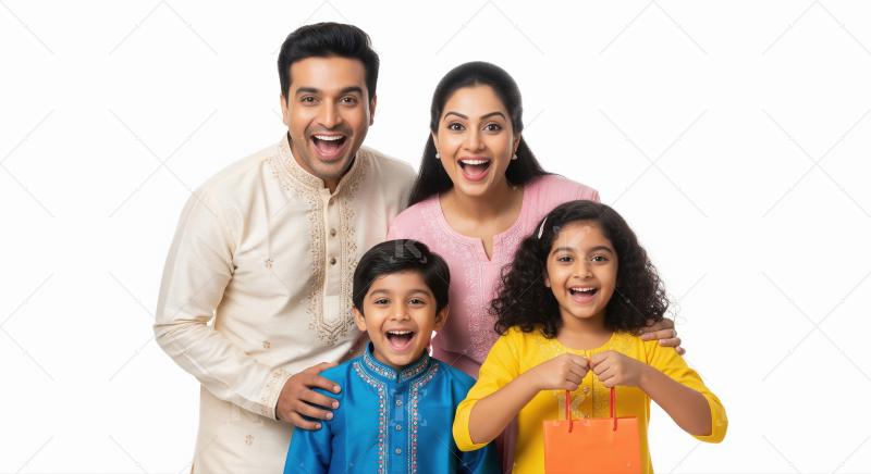 A cheerful Indian family of four poses in traditional festive at