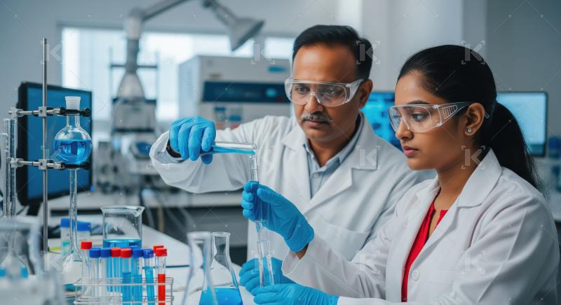 Two scientists in lab coats and gloves are conducting a precise