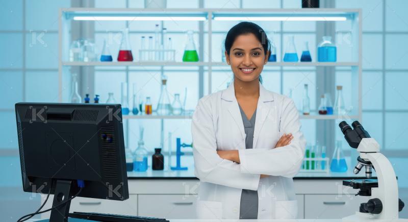 A confident female scientist stands with folded arms in a modern