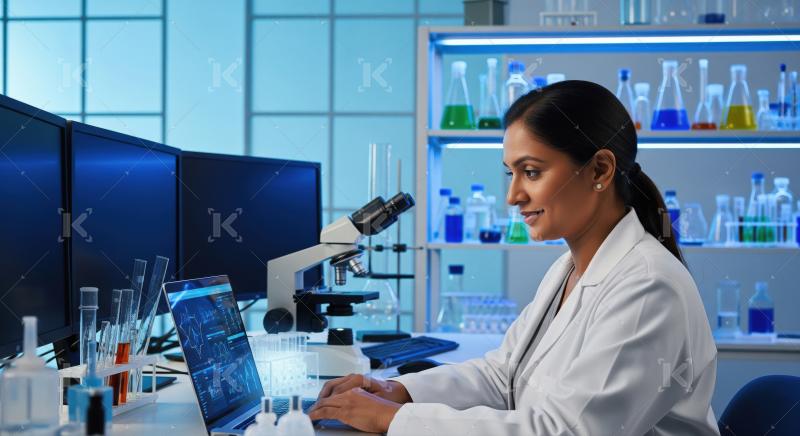 A senior scientist works confidently on a laptop in a high-tech